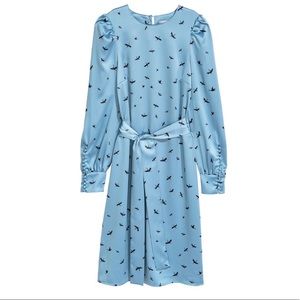 H&M Crane Print Blue Satin long Sleeve Midi Dress